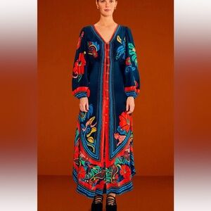 FARM Rio Blue Vintage Forest Midi Dress, Navy Blue Silky Viscose, Large